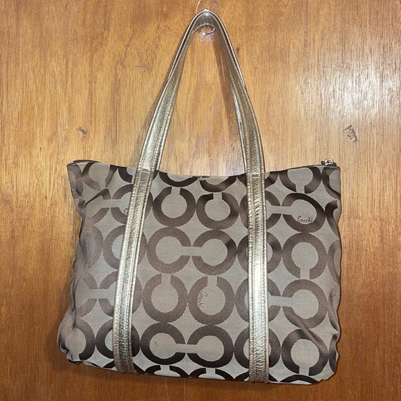 Coach Poppy 3D OP ART Signature GLAM Brown & Gold Tote Bag 13826 - Picture 2 of 11